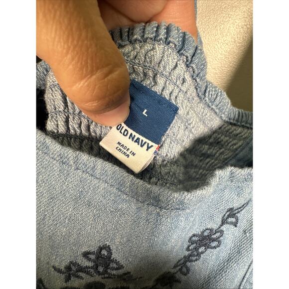 Old Navy Midi Dress L Flutter Sleeve Eyelet Chambray Peasant Cottagecore Flowy - Picture 5 of 9